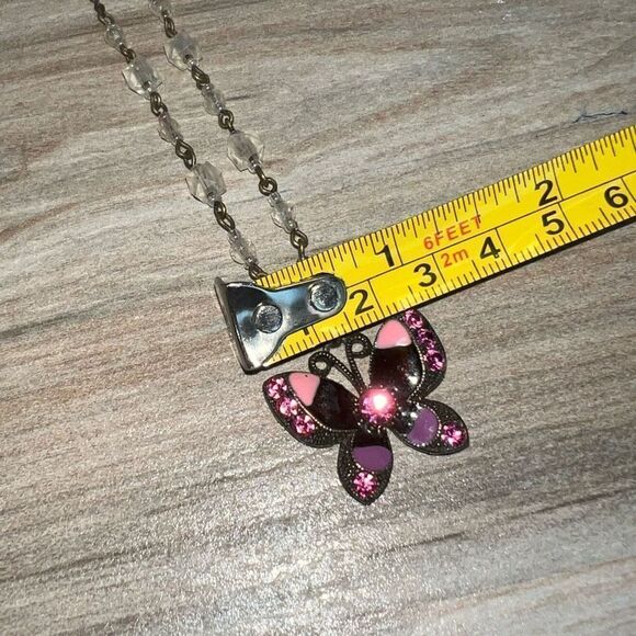 Butterfly Enamel Beaded Necklace Cooper Tone Purple/Pink Beaded/Rhinestone - Picture 3 of 7